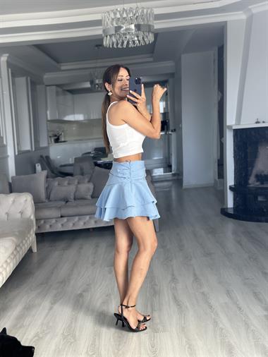 Bebe Mavi Katlı Beli Drapeli İçi Şortlu Kadın Mini Etek