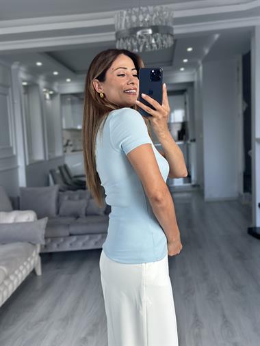 Bebe Mavi Kısa Kol Çıtçıt Düğmeli Bisiklet Yaka Kaşkorse Kadın Body