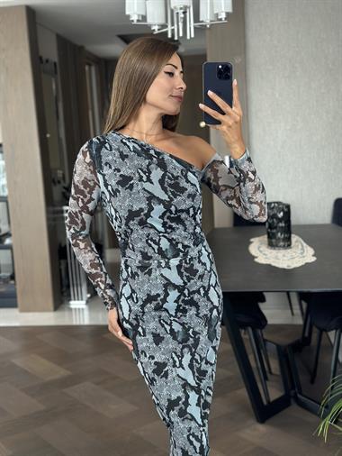 Bebe Mavi Krokodil Desenli Omuz Detay Tüllü Kadın Elbise