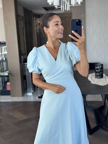 Bebe Mavi Kruvaze Yaka Kuşaklı Kol Uçları Lastikli Midi Boy Kadın Elbise