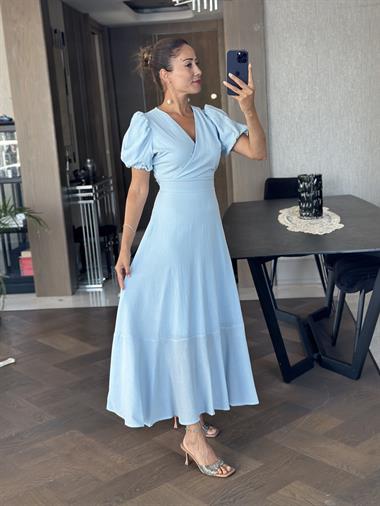 Bebe Mavi Kruvaze Yaka Kuşaklı Kol Uçları Lastikli Midi Boy Kadın Elbise
