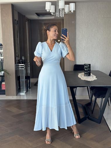 Bebe Mavi Kruvaze Yaka Kuşaklı Kol Uçları Lastikli Midi Boy Kadın Elbise