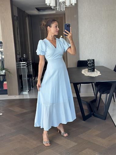 Bebe Mavi Kruvaze Yaka Kuşaklı Kol Uçları Lastikli Midi Boy Kadın Elbise