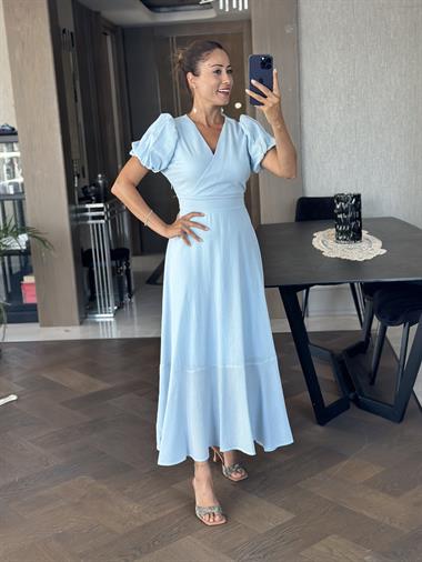 Bebe Mavi Kruvaze Yaka Kuşaklı Kol Uçları Lastikli Midi Boy Kadın Elbise