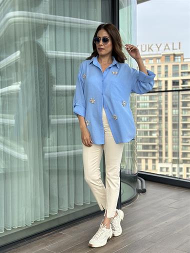 Bebe Mavi Midye İşlemeli Keten Aerobin Kadın Gömlek