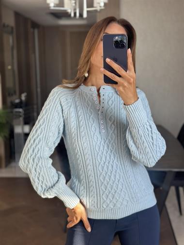 Bebe Mavi On Düğmeli Saç Örgü Kadın Triko Kazak