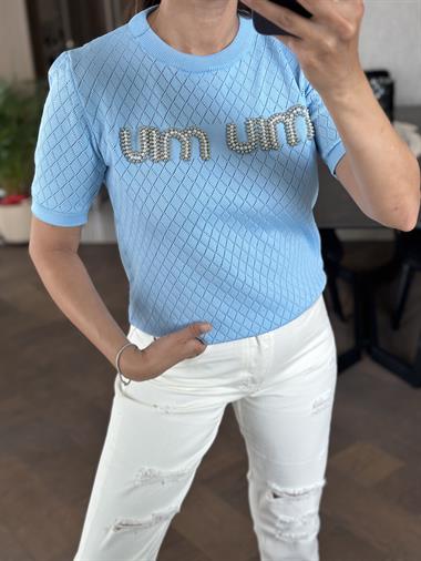 Bebe Mavi Önü İnci Taşlı Bisiklet Yaka Kısa Kol Kadın Triko Bluz