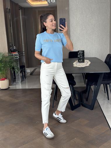 Bebe Mavi Önü İnci Taşlı Bisiklet Yaka Kısa Kol Kadın Triko Bluz