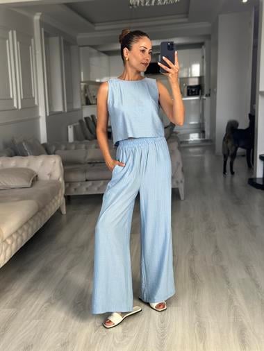 Bebe Mavi Sıfır Kol Arkası Bağcıklı Bluz Pantolon Kadın İkili Takım