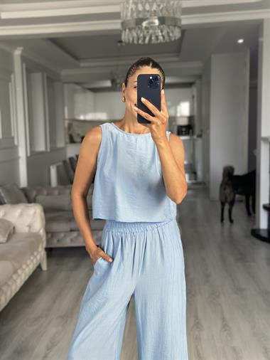 Bebe Mavi Sıfır Kol Arkası Bağcıklı Bluz Pantolon Kadın İkili Takım