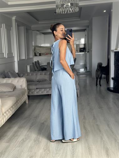 Bebe Mavi Sıfır Kol Arkası Bağcıklı Bluz Pantolon Kadın İkili Takım