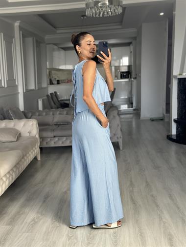 Bebe Mavi Sıfır Kol Arkası Bağcıklı Bluz Pantolon Kadın İkili Takım