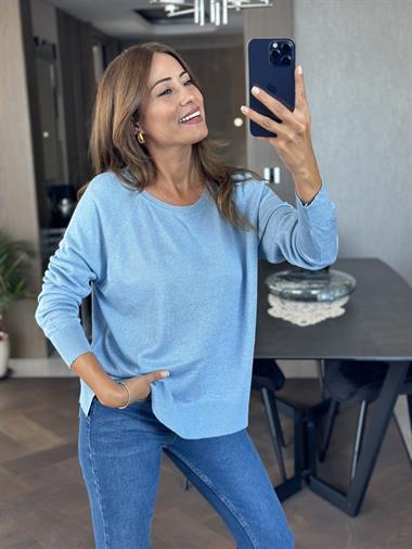 Bebe Mavi Simli Bisiklet Yaka Uzun Kol Dilvn Merserize Kadın Bluz