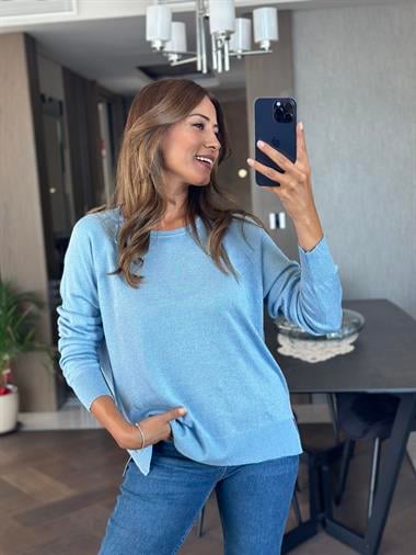 Bebe Mavi Simli Bisiklet Yaka Uzun Kol Dilvn Merserize Kadın Bluz