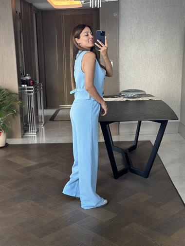 Bebe Mavi Terni Yelek Pantolon Kadın Keten Alt Üst Takım