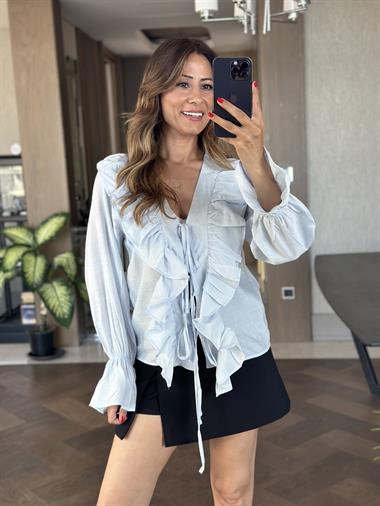 Bebe Mavi Uzun Kol Fırfır Detaylı Bağlamalı Kadın Bluz