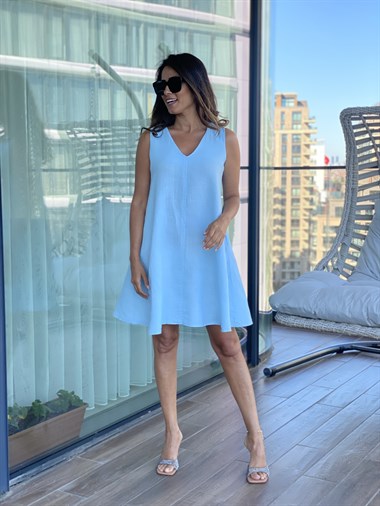 Bebe Mavi V Yaka Ham Keten Cepli Kadın Elbise