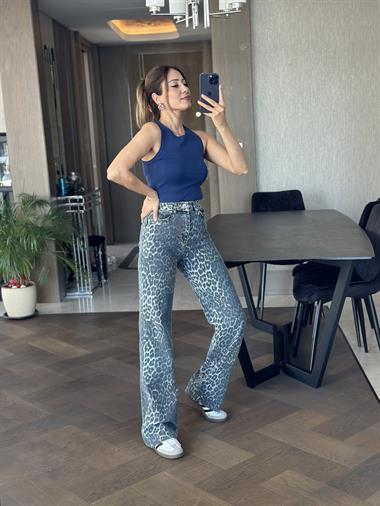 Bebe Mavi Yamalı Leopar Desen Orjinal Marka Straight Kadın Jean Pantolon