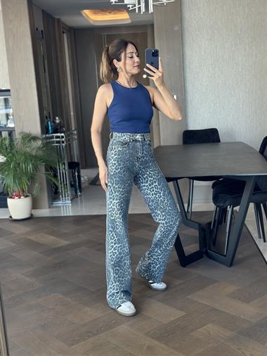 Bebe Mavi Yamalı Leopar Desen Orjinal Marka Straight Kadın Jean Pantolon
