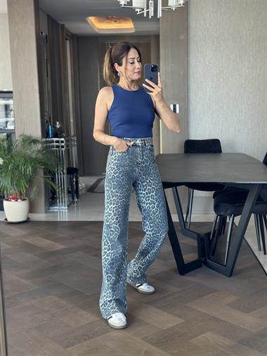 Bebe Mavi Yamalı Leopar Desen Orjinal Marka Straight Kadın Jean Pantolon