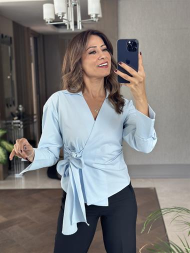 Bebe Mavi Yandan Bağlamalı Kruvaze Yaka Kadın Gömlek