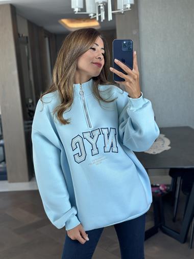 Bebe Mavi Yarım Fermuarlı NYC Baskılı Kadın Sweatshirt