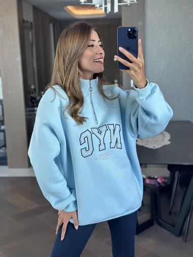 Bebe Mavi Yarım Fermuarlı NYC Baskılı Kadın Sweatshirt