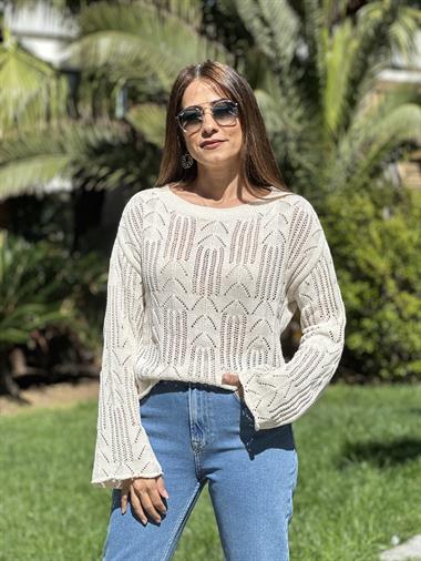 Bej Ajurlu Geniş Kol Triko Kadın Kazak