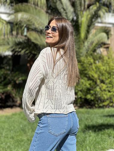 Bej Ajurlu Geniş Kol Triko Kadın Kazak