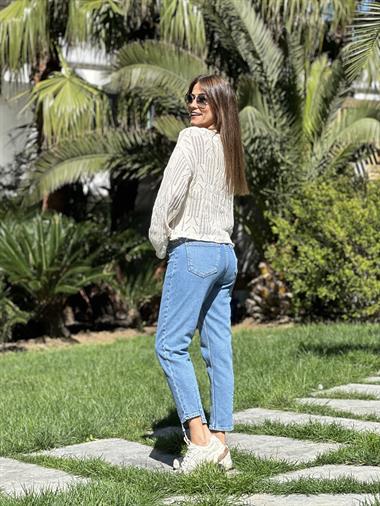 Bej Ajurlu Geniş Kol Triko Kadın Kazak