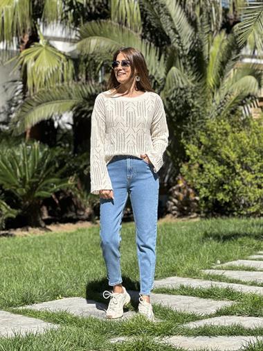 Bej Ajurlu Geniş Kol Triko Kadın Kazak