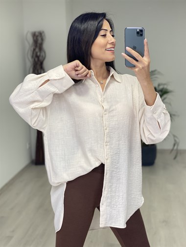 Bej Arkası Düğme Detay Keten Aerobin Kadın Gömlek