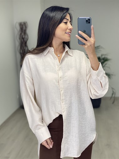 Bej Arkası Düğme Detay Keten Aerobin Kadın Gömlek