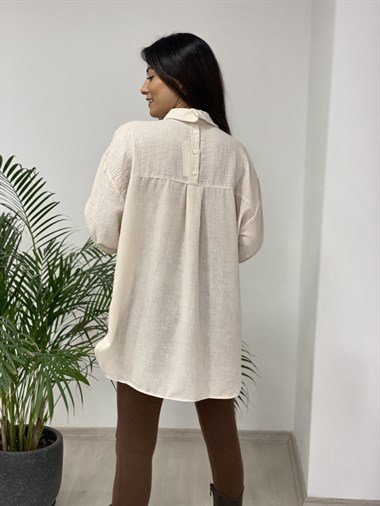 Bej Arkası Düğme Detay Keten Aerobin Kadın Gömlek