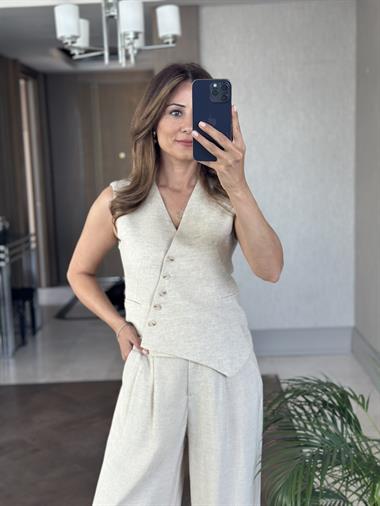 Bej Asimetrik Düğmeli Yelek Pantolon Keten Kadın Takım