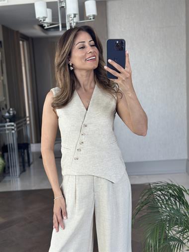 Bej Asimetrik Düğmeli Yelek Pantolon Keten Kadın Takım