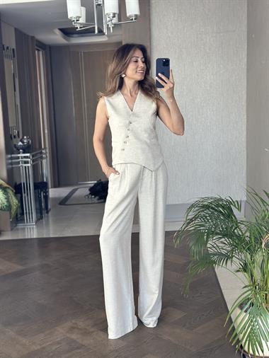 Bej Asimetrik Düğmeli Yelek Pantolon Keten Kadın Takım