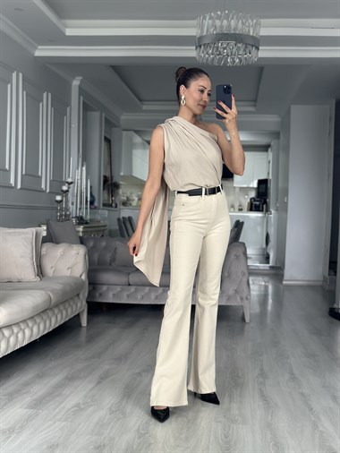 Bej Tek Omuz Boyundan Geçirmeli Kadın Bluz