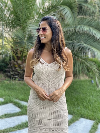 Bej Askılı Ajur Desenli Triko Kadın Elbise