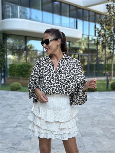 Bej Astarı Şortlu Kat Kat Bürümcük Kumaş Kadın Mini Etek