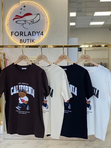 Bej Ayıcık Nakışlı Bisiklet Yaka Kadın T-Shirt