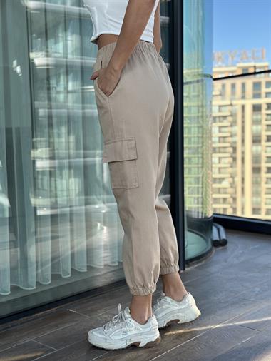 Bej Bel Ve Paça Lastikli Komando Kadın Pantolon