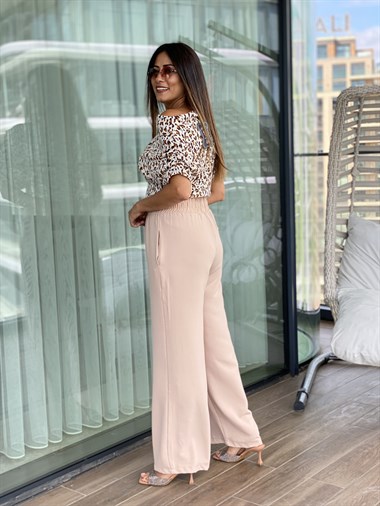 Bej Beli Kalın Lastikli Aerobin Kadın Pantolon