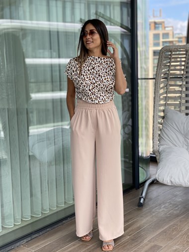 Bej Beli Kalın Lastikli Aerobin Kadın Pantolon