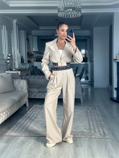 Bej Beli Never Lastikli Cepli Kadın Pantolon