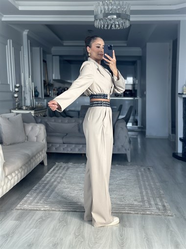 Bej Beli Never Lastikli Cepli Kadın Pantolon