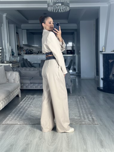 Bej Beli Never Lastikli Cepli Kadın Pantolon