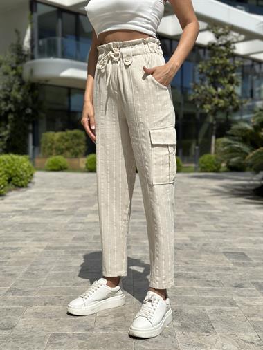 Bej Beyaz Çizgili Kargo Cep Keten Kadın Pantolon