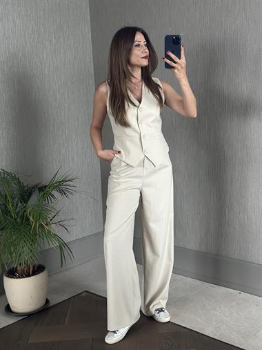 Bej Bezayağı Yelek Pantolon Kadın Takım