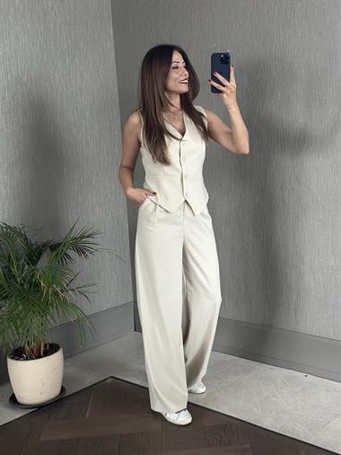 Bej Bezayağı Yelek Pantolon Kadın Takım